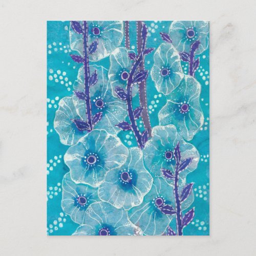 Blue Hollyhock Mallow Malva Flower Floral Painting Postcard