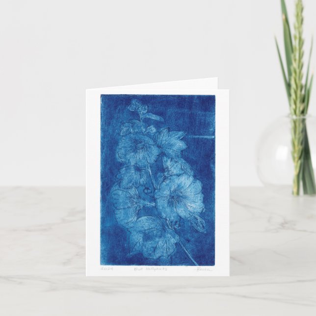 Blue Hollyhocks Intaglio WoodblockPrint Blank Card (Front)