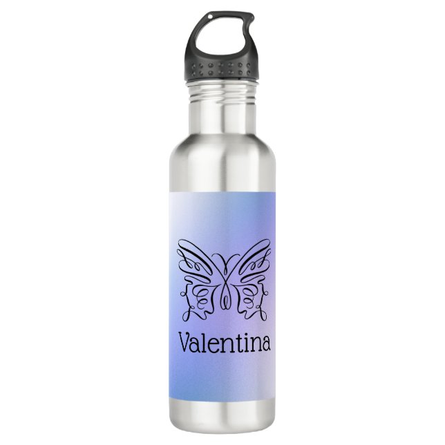 Blue Holographic Butterfly Monogram Name  Stainless Steel Water Bottle (Front)