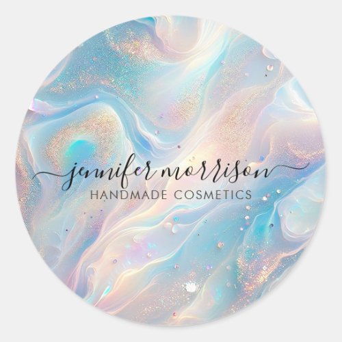 Blue Holographic Opal Gold Glitter Makeup Beauty Classic Round Sticker