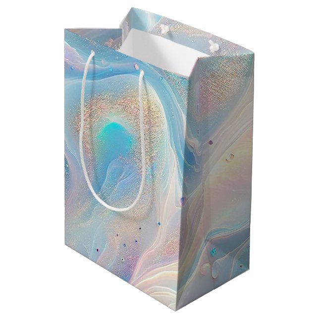 Blue Holographic Opal Gold Glitter Makeup, Beauty Medium Gift Bag (Back Angled)