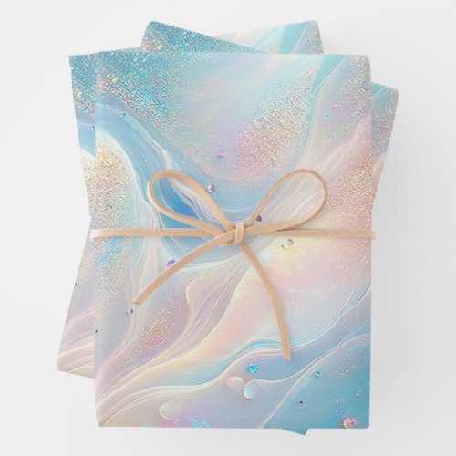 Blue Holographic Opal Gold Glitter Makeup Beauty Wrapping Paper Sheets