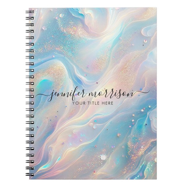 Blue Holographic Opal Gold Glitter Personalized Notebook (Front)
