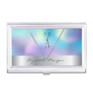 Blue Holographic,Silver Geometric Scissors Business Card Case