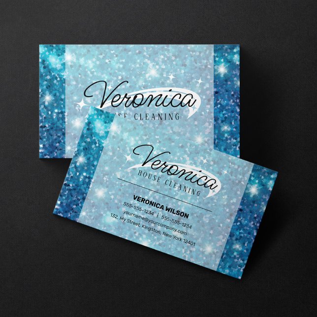 Blue Holographic Texture Maid Cleaning Services Business Card (Creator Uploaded)