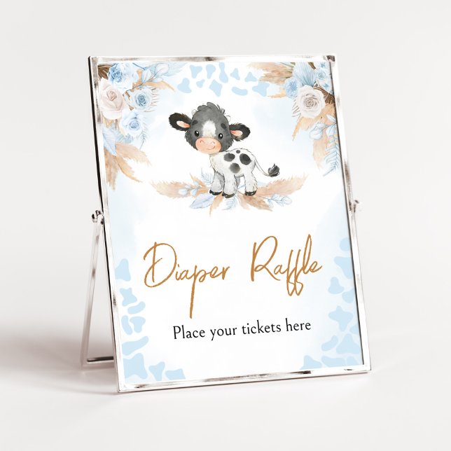 Blue Holy Cow Baby Shower Diaper Raffle Poster (Boy Highland Cow Baby Shower Diaper Raffle Sign)