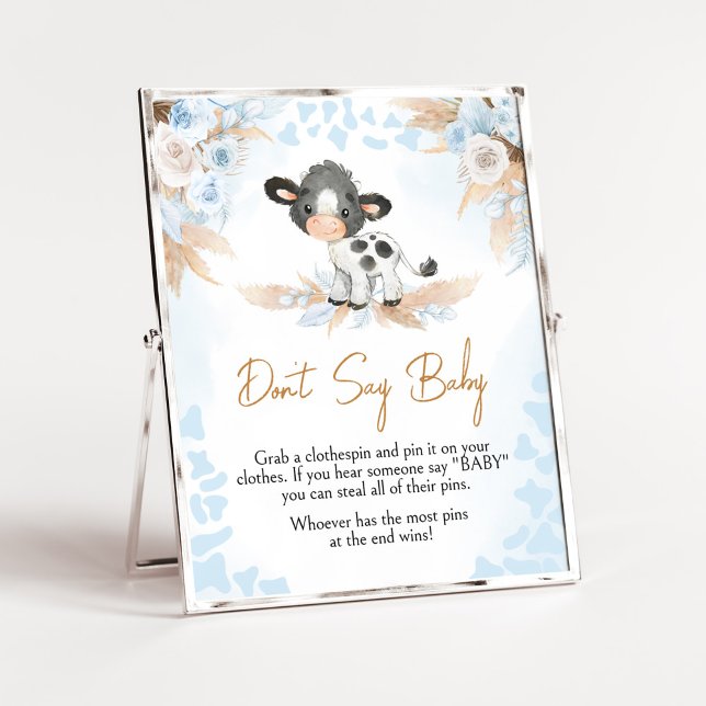 Blue Holy Cow Baby Shower Don't Say Baby Poster (Boy Highland Cow Baby Shower Don't Say Baby Sign)