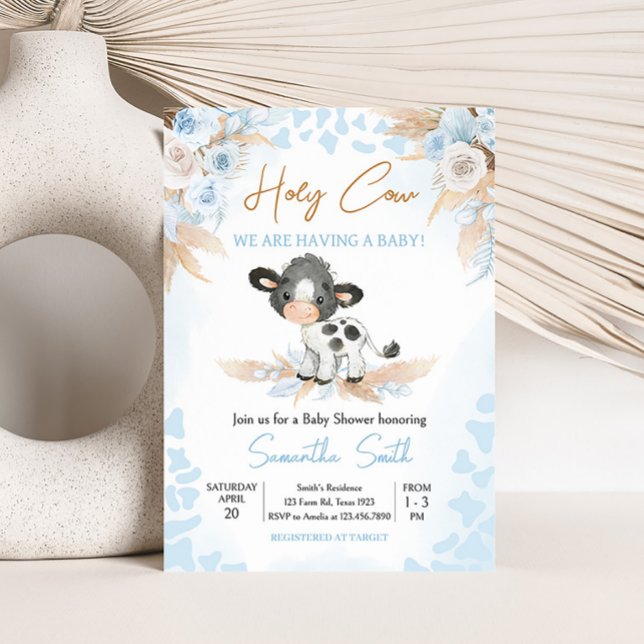 Blue Holy Cow Baby Shower  Invitation (Boy Highland Cow Baby Shower Invitation)