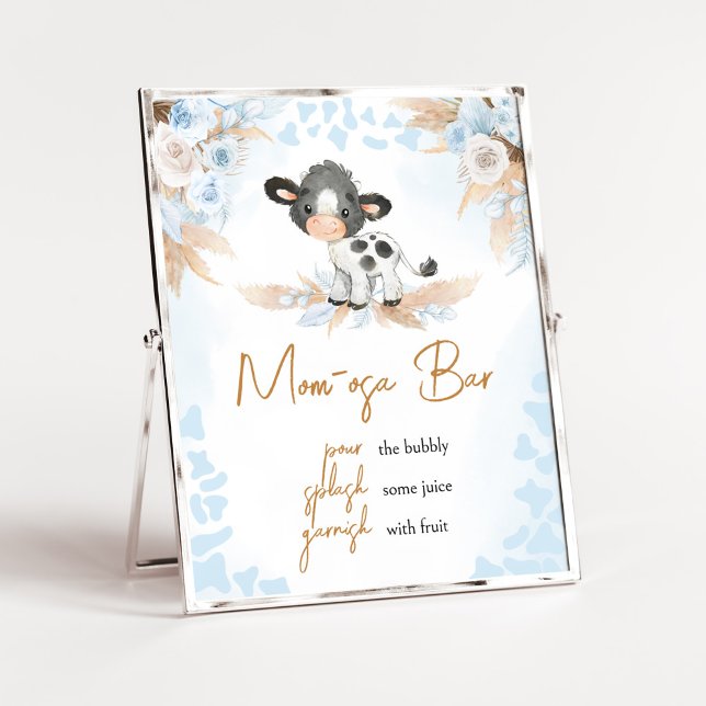 Blue Holy Cow Baby Shower Mom Osa Bar Poster (Boy Highland Cow Baby Shower Mom Osa Bar Sign)
