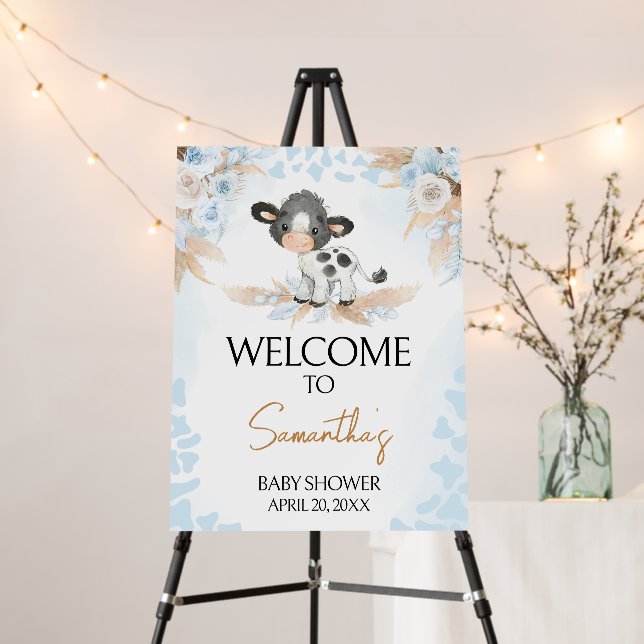 Blue Holy Cow Baby Shower Welcome Sign (In Situ (Stand))