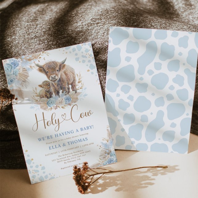 Blue Holy Cow Boho Pampas Boy Baby Shower Invitation (Creator Uploaded)