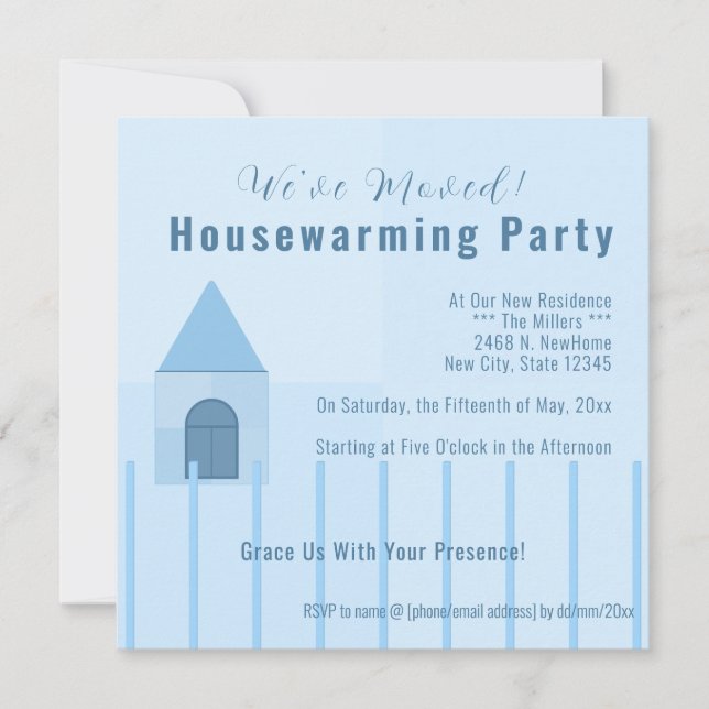 Blue Home & Fence Housewarming Party Invitation (Front)