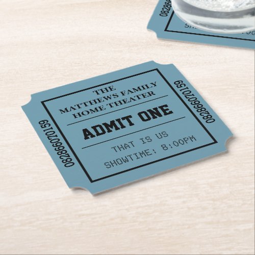 Blue Home Theater Personalized Movie Ticket Paper Coaster