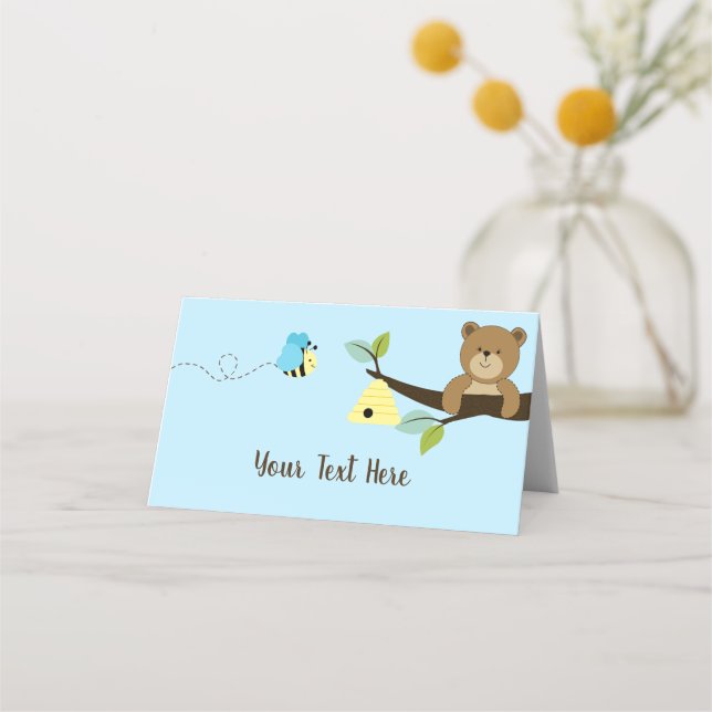 Blue Honey Bear and Bumble Bee Place Cards (Front)