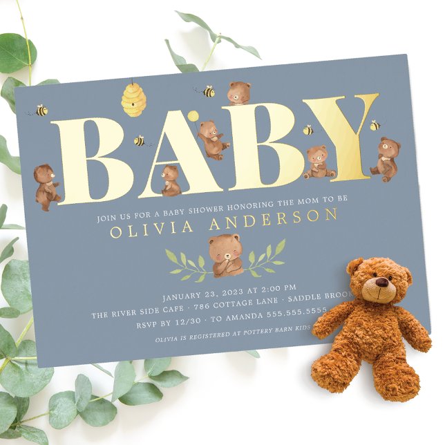 Blue Honey Bear Baby Shower Invitation Foil Invitation (Creator Uploaded)