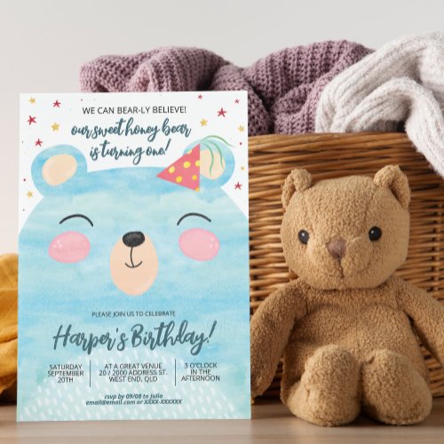 Blue Honey Bear Birthday  Invitation