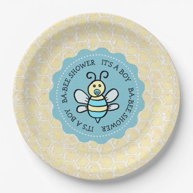 Blue Honey Bee Boy's Baby Shower Paper Plates (Front)