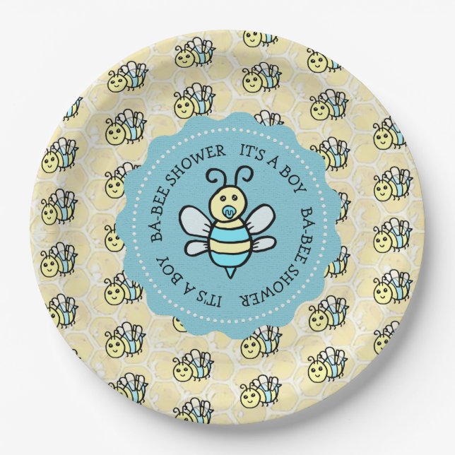 Blue Honey Bee Boy's Baby Shower Paper Plates (Front)