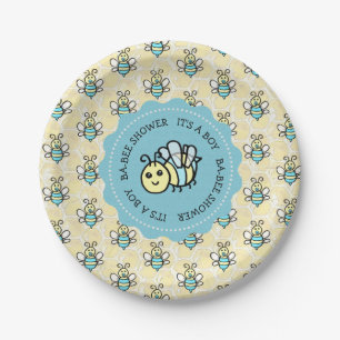 Blue Honey Bee Boy's Baby Shower Paper Plates