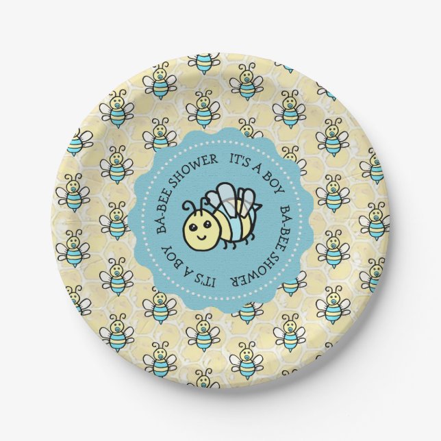 Blue Honey Bee Boy's Baby Shower Paper Plates (Front)