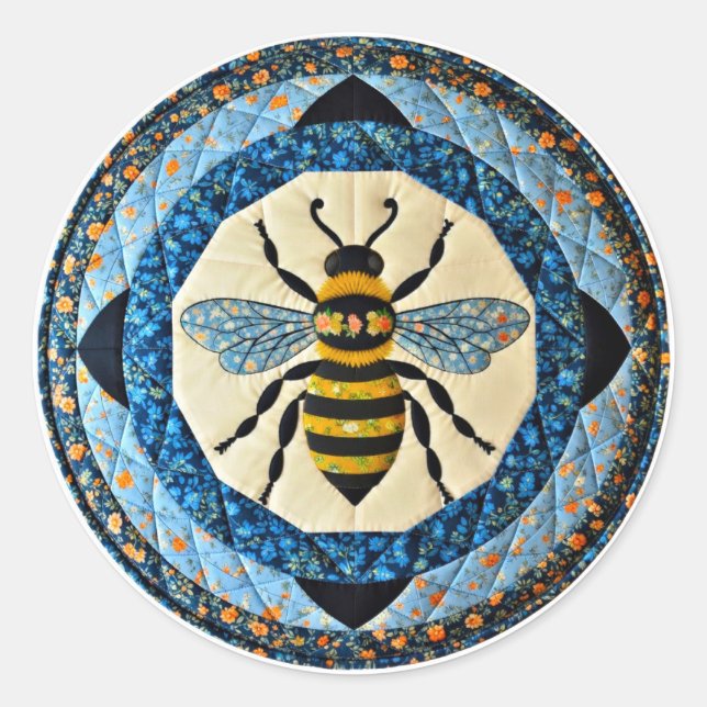 Blue Honey Bee Quilt Classic Round Sticker (Front)