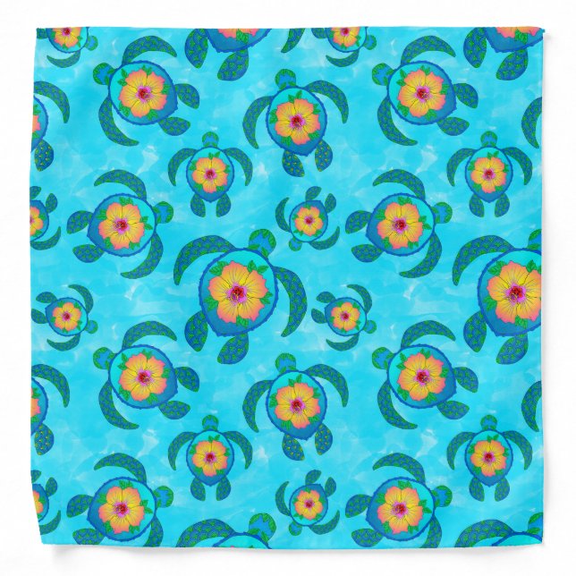 Blue Honu Sea Turtles Hibiscus Flowers Bandana (Front)