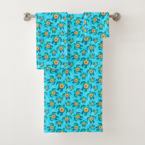 Blue Honu Sea Turtles Hibiscus Flowers Bath Towel Set