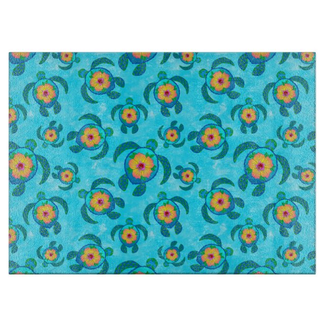Blue Honu Sea Turtles Hibiscus Flowers Cutting Board (Front)