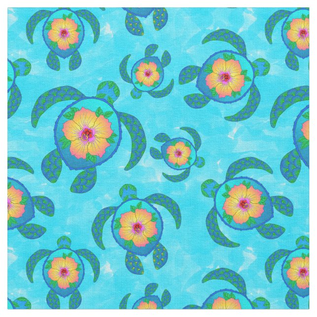 Blue Honu Sea Turtles Hibiscus Flowers Fabric (Close Up)