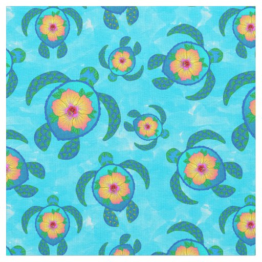 Blue Honu Sea Turtles Hibiscus Flowers Fabric