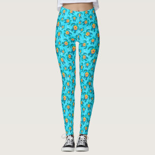 Blue Honu Sea Turtles Hibiscus Flowers Leggings