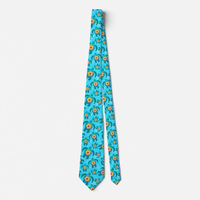 Blue Honu Sea Turtles Hibiscus Flowers Neck Tie (Front)