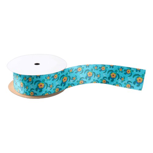 Blue Honu Sea Turtles Hibiscus Flowers Satin Ribbon