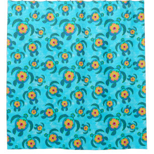 Blue Honu Sea Turtles Hibiscus Flowers Shower Curtain