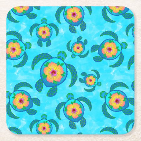 Blue Honu Sea Turtles Hibiscus Flowers Square Paper Coaster