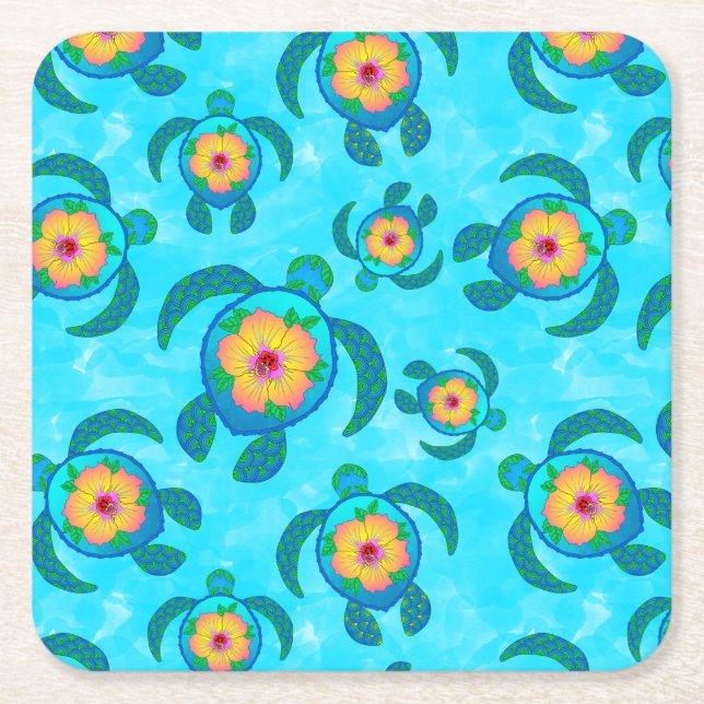 Blue Honu Sea Turtles Hibiscus Flowers Square Paper Coaster (Front)