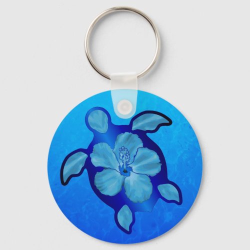 Blue Honu Turtle and Hibiscus Keychain