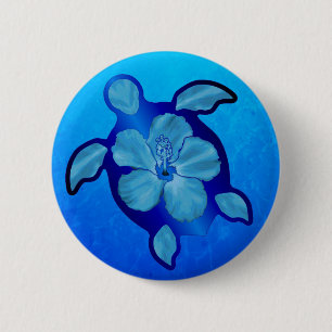 Blue Honu Turtle and Hibiscus Pinback Button