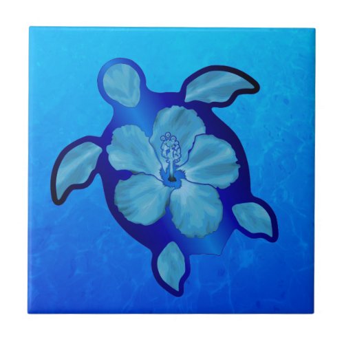 Blue Honu Turtle and Hibiscus Tile