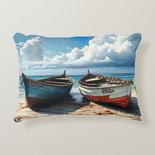 "Blue Horizon". A Colourful Relaxing Boat Seascape Accent Pillow
