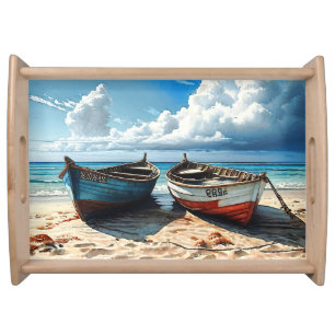 "Blue Horizon". A Colourful Relaxing Boat Seascape Serving Tray