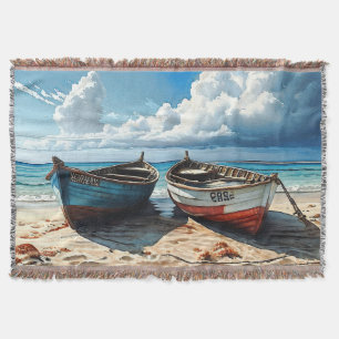 "Blue Horizon". A Colourful Relaxing Boat Seascape Throw Blanket