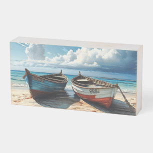 "Blue Horizon". A Colourful Relaxing Boat Seascape Wooden Box Sign