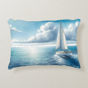 Blue Horizon Solitary Sailboat Accent Pillow