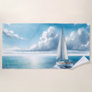 Blue Horizon Solitary Sailboat Beach Towel