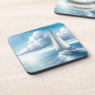 Blue Horizon Solitary Sailboat Beverage Coaster