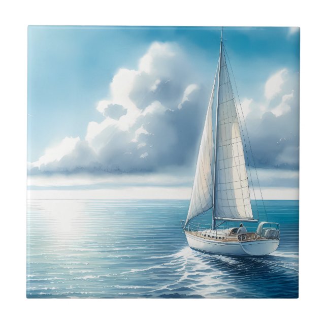 Blue Horizon Solitary Sailboat Ceramic Tile (Front)