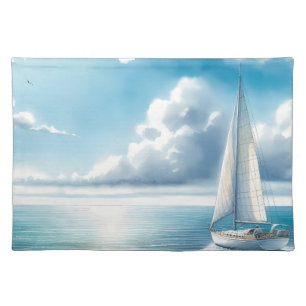 Blue Horizon Solitary Sailboat Cloth Placemat
