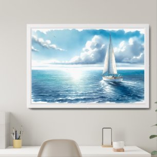 Blue Horizon Solitary Sailboat Framed Art