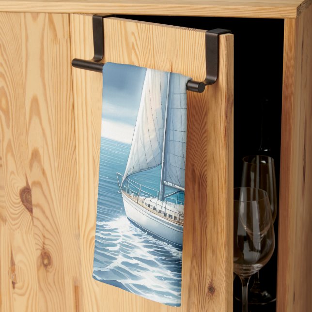 Blue Horizon Solitary Sailboat Kitchen Towel (Thirds Fold)